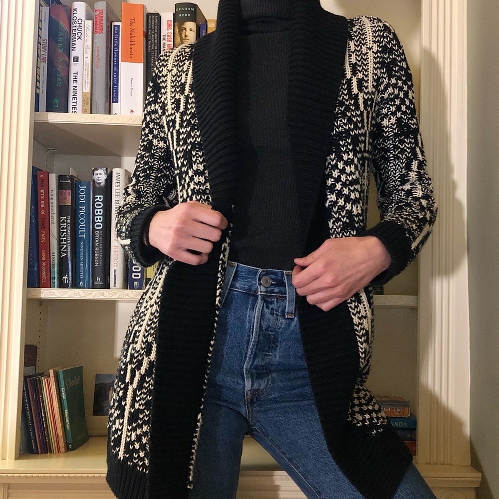 Talbots Black & White Knit Open Cardigan Sweater